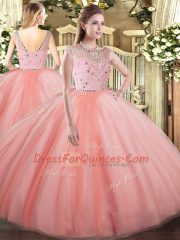 Peach Tulle Zipper Quinceanera Dress Sleeveless Floor Length Beading