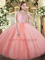 Peach Tulle Zipper Quinceanera Dress Sleeveless Floor Length Beading