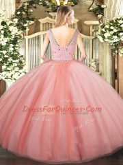 Peach Tulle Zipper Quinceanera Dress Sleeveless Floor Length Beading