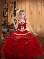 Wine Red Straps Lace Up Embroidery and Ruffles Little Girl Pageant Dress Sleeveless