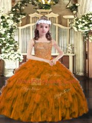 High Quality Sleeveless Floor Length Beading and Ruffles Lace Up Pageant Gowns with Brown