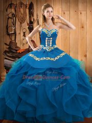 Graceful Blue Sweetheart Neckline Embroidery and Ruffles Sweet 16 Quinceanera Dress Sleeveless Lace Up