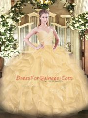 Exquisite Floor Length Gold 15 Quinceanera Dress Organza Sleeveless Beading and Ruffles