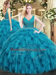 Smart Teal Sleeveless Floor Length Beading and Ruffles Zipper Ball Gown Prom Dress