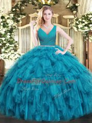 Smart Teal Sleeveless Floor Length Beading and Ruffles Zipper Ball Gown Prom Dress