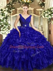 Royal Blue V-neck Backless Beading and Ruffles Ball Gown Prom Dress Sleeveless