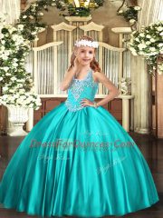 V-neck Sleeveless Lace Up Little Girl Pageant Dress Turquoise Satin