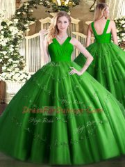 Unique V-neck Sleeveless Vestidos de Quinceanera Floor Length Beading Green Tulle