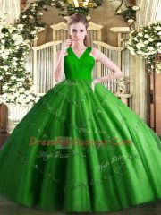 Unique V-neck Sleeveless Vestidos de Quinceanera Floor Length Beading Green Tulle