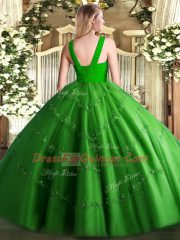 Unique V-neck Sleeveless Vestidos de Quinceanera Floor Length Beading Green Tulle
