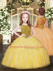 Discount Gold Scoop Neckline Beading and Ruffles Pageant Gowns For Girls Sleeveless Zipper