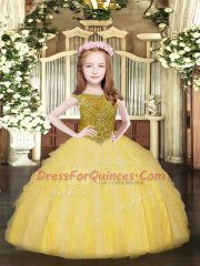 Discount Gold Scoop Neckline Beading and Ruffles Pageant Gowns For Girls Sleeveless Zipper