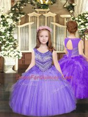 Stylish Lavender Tulle Lace Up Scoop Sleeveless Floor Length Child Pageant Dress Beading and Ruffles