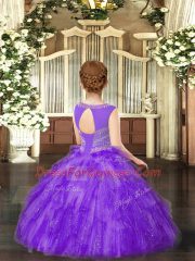 Stylish Lavender Tulle Lace Up Scoop Sleeveless Floor Length Child Pageant Dress Beading and Ruffles