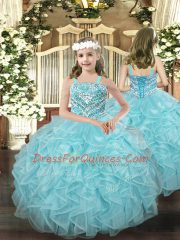 Light Blue Lace Up Pageant Dress Toddler Beading and Ruffles Sleeveless Floor Length