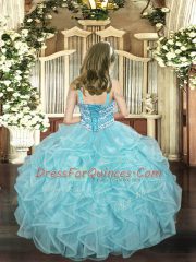 Light Blue Lace Up Pageant Dress Toddler Beading and Ruffles Sleeveless Floor Length