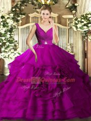 Cheap Floor Length Backless Sweet 16 Dresses Fuchsia for Sweet 16 and Quinceanera with Beading and Ruffles