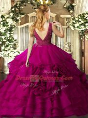 Cheap Floor Length Backless Sweet 16 Dresses Fuchsia for Sweet 16 and Quinceanera with Beading and Ruffles