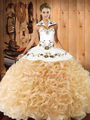 Halter Top Sleeveless Lace Up Sweet 16 Dresses Champagne Fabric With Rolling Flowers