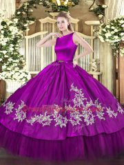 Sophisticated Fuchsia Ball Gowns Satin and Tulle Scoop Sleeveless Embroidery Floor Length Clasp Handle Quinceanera Dress