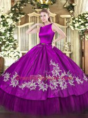 Sophisticated Fuchsia Ball Gowns Satin and Tulle Scoop Sleeveless Embroidery Floor Length Clasp Handle Quinceanera Dress