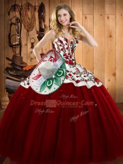 Custom Fit Floor Length Wine Red Quinceanera Dresses Satin and Tulle Sleeveless Embroidery