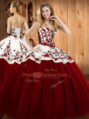 Custom Fit Floor Length Wine Red Quinceanera Dresses Satin and Tulle Sleeveless Embroidery