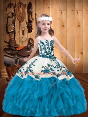 Enchanting Straps Sleeveless Organza Pageant Gowns For Girls Embroidery and Ruffles Lace Up
