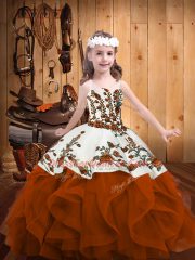 Organza Straps Sleeveless Lace Up Embroidery and Ruffles Kids Formal Wear in Rust Red