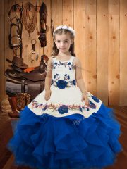 Sleeveless Floor Length Embroidery and Ruffles Lace Up Pageant Dress for Womens with Blue