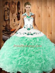 Apple Green Fabric With Rolling Flowers Lace Up Ball Gown Prom Dress Sleeveless Floor Length Embroidery