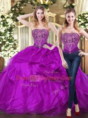 Colorful Purple Ball Gowns Sweetheart Sleeveless Organza Floor Length Lace Up Beading and Ruffles Sweet 16 Dress