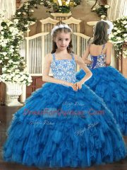 Most Popular Beading and Ruffles Pageant Dress Womens Blue Lace Up Sleeveless Floor Length