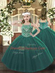 Popular Dark Green Ball Gowns Beading Pageant Dress for Girls Lace Up Tulle Sleeveless Floor Length