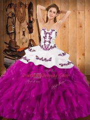 Charming Satin and Organza Strapless Sleeveless Lace Up Embroidery and Ruffles Quinceanera Gowns in Fuchsia