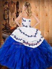 Charming Satin and Organza Strapless Sleeveless Lace Up Embroidery and Ruffles Quinceanera Gowns in Fuchsia