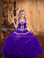 Eggplant Purple Straps Lace Up Embroidery and Ruffles Pageant Gowns Sleeveless