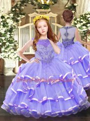 New Arrival Lavender Zipper Little Girls Pageant Dress Wholesale Beading and Ruffled Layers Sleeveless Floor Length