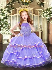 New Arrival Lavender Zipper Little Girls Pageant Dress Wholesale Beading and Ruffled Layers Sleeveless Floor Length