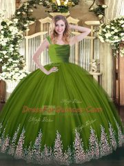 Olive Green Quince Ball Gowns Sweet 16 and Quinceanera with Beading and Appliques Straps Sleeveless Zipper