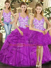 Sleeveless Floor Length Beading and Ruffles Lace Up Quinceanera Gowns with Fuchsia