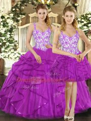 Sleeveless Floor Length Beading and Ruffles Lace Up Quinceanera Gowns with Fuchsia