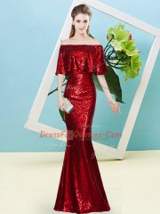 Half Sleeves Floor Length Sequins Zipper Prom Dress with Wine Red