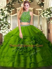 Olive Green Two Pieces High-neck Sleeveless Tulle Floor Length Zipper Beading and Ruffled Layers Quinceanera Gowns