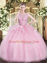 Comfortable Lace Quinceanera Gown Baby Pink Backless Sleeveless Floor Length