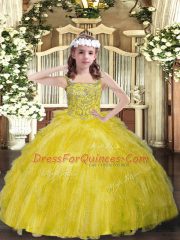 Trendy Straps Sleeveless Organza Evening Gowns Beading and Ruffles Lace Up