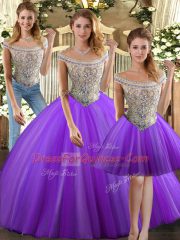 Eggplant Purple Three Pieces Bateau Sleeveless Tulle Floor Length Lace Up Beading Ball Gown Prom Dress