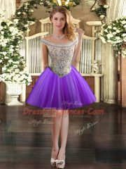 Eggplant Purple Three Pieces Bateau Sleeveless Tulle Floor Length Lace Up Beading Ball Gown Prom Dress