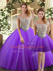 Eggplant Purple Three Pieces Bateau Sleeveless Tulle Floor Length Lace Up Beading Ball Gown Prom Dress