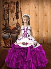 Straps Sleeveless Lace Up Little Girl Pageant Gowns Fuchsia Organza